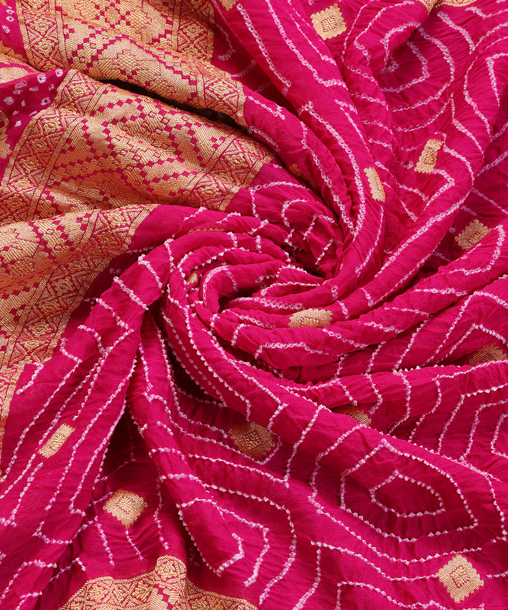 Hot_Pink_Handloom_Pure_Georgette_Banarasi_Bandhej_Dupatta_With_Square_Boota_WeaverStory_05