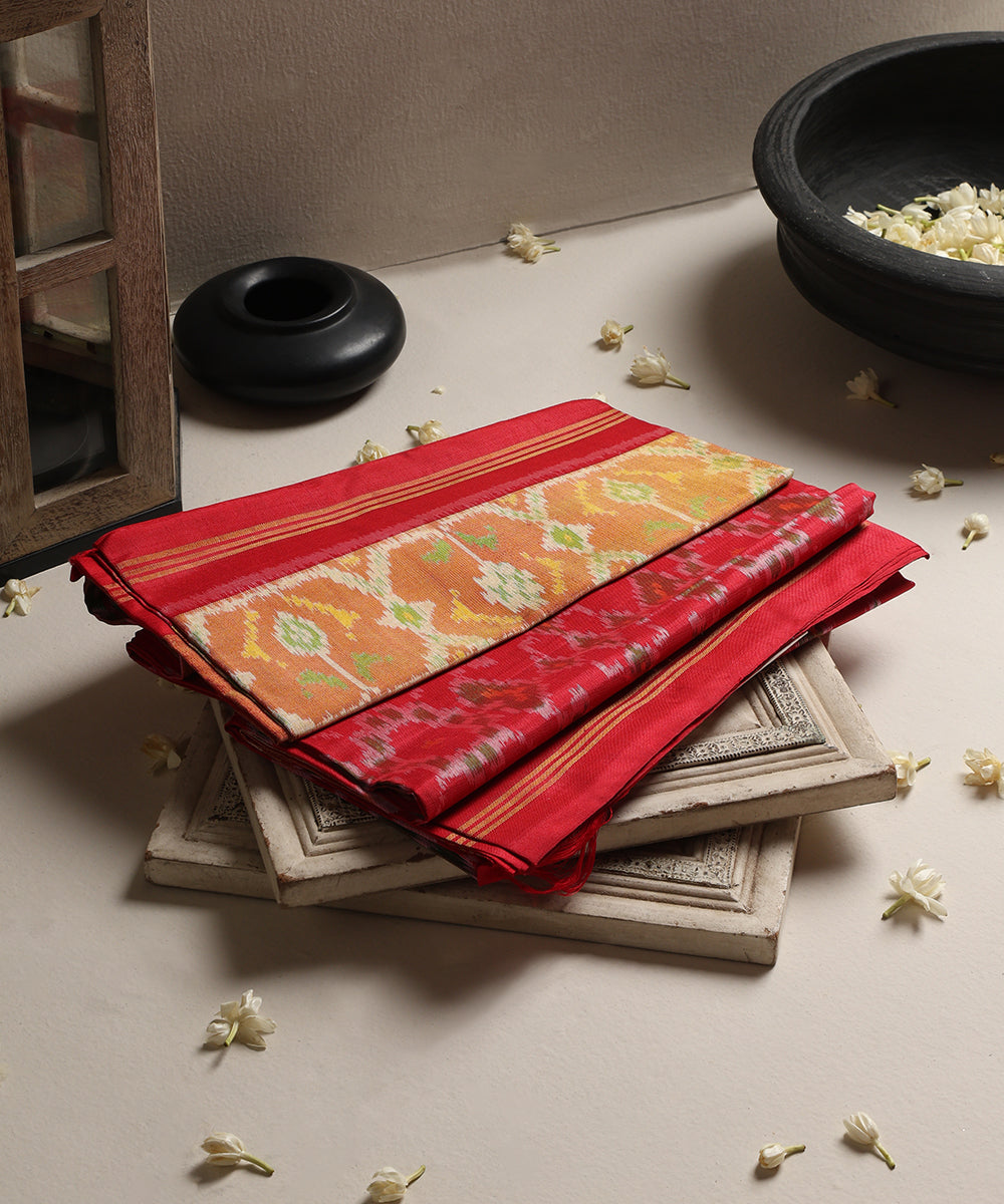 Handloom_Red_Mulberry_Silk_Ikat_Patola_Dupatta_With_Mustard_Tissue_Border_WeaverStory_01