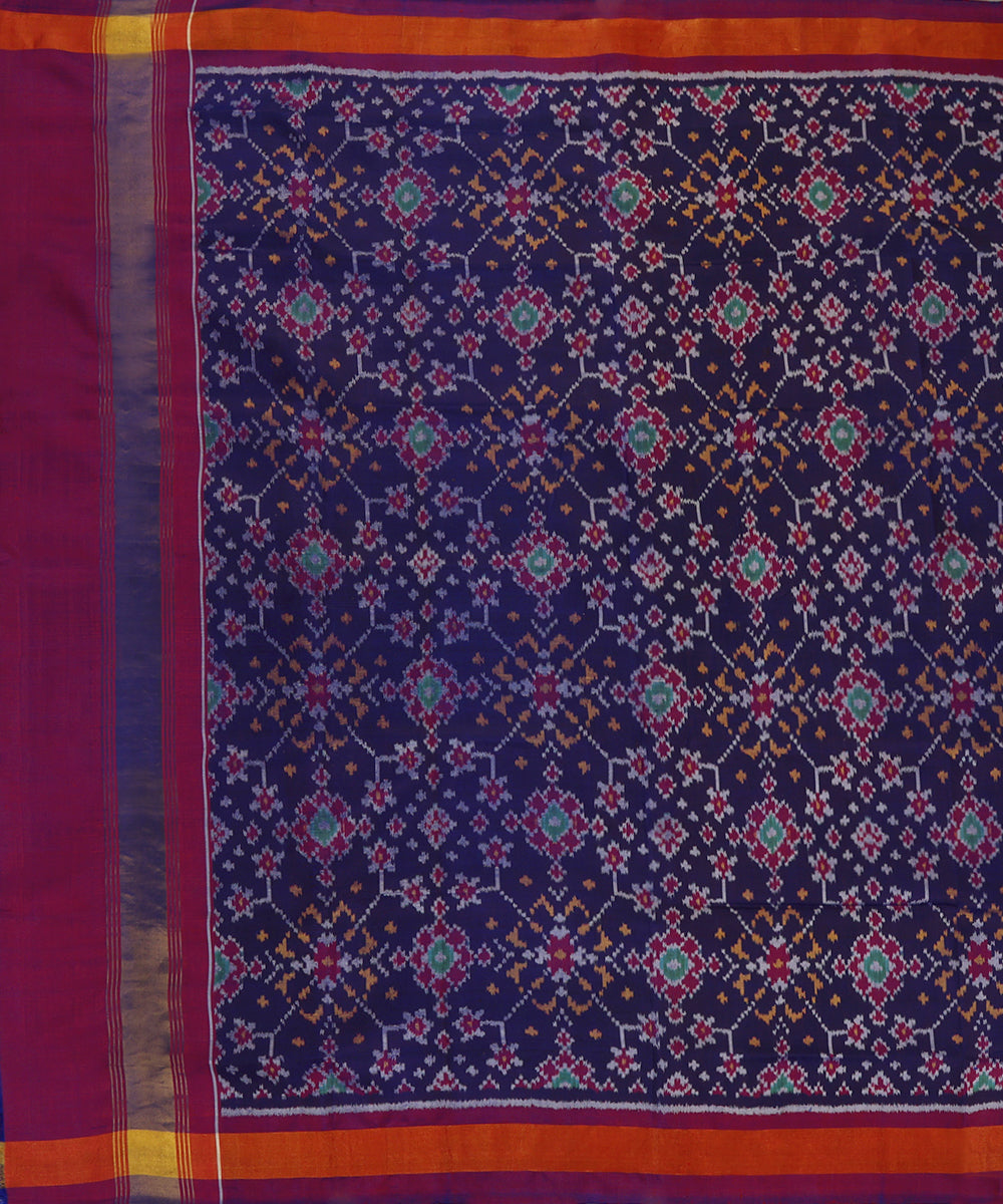 Handloom_Ink_Blue_Mulberry_Silk_Ikat_Patola_Dupatta_With_Purple_Border_Palla_WeaverStory_02
