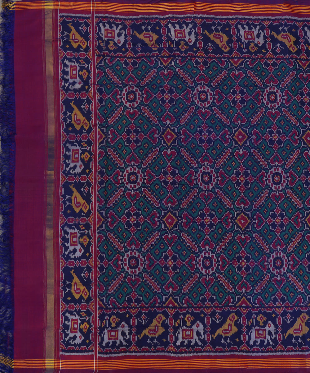 Handloom_Blue_And_Green_Mulberry_Silk_Ikat_Patola_Dupatta_With_Mustard_Stripe_Border_WeaverStory_02