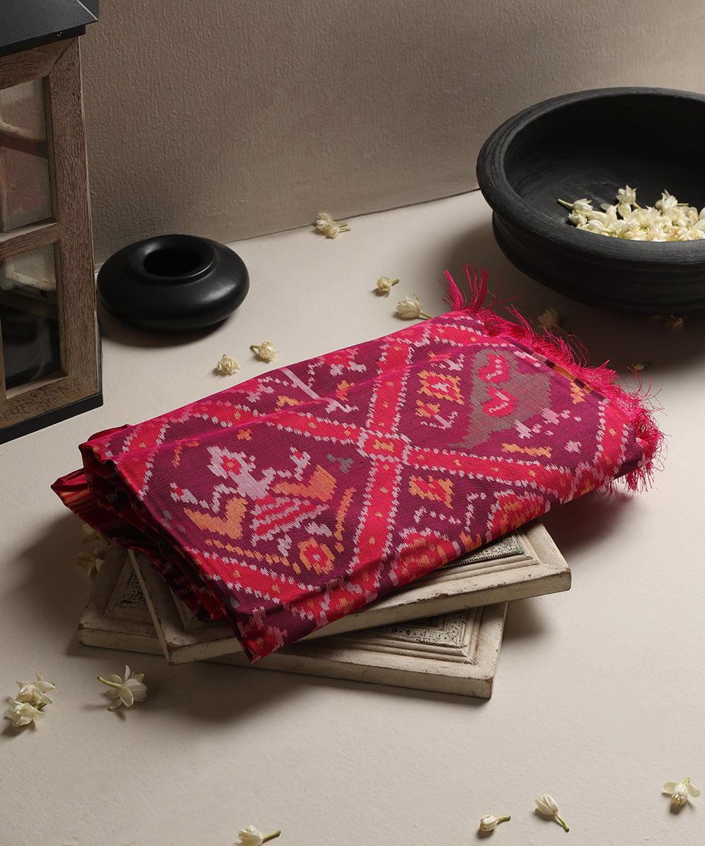 Handloom_Red_Mulberry_Silk_Patola_Dupatta_With_Hathi_Popat_And_Traditional_Ikat_WeaverStory_01