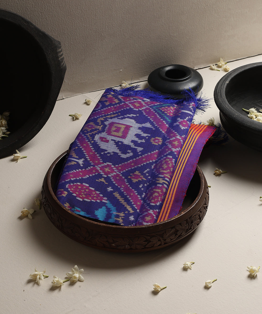 Handloom_Blue_Mulberry_Silk_Patola_Dupatta_With_Hathi_Popat_And_Traditional_Ikat_WeaverStory_01