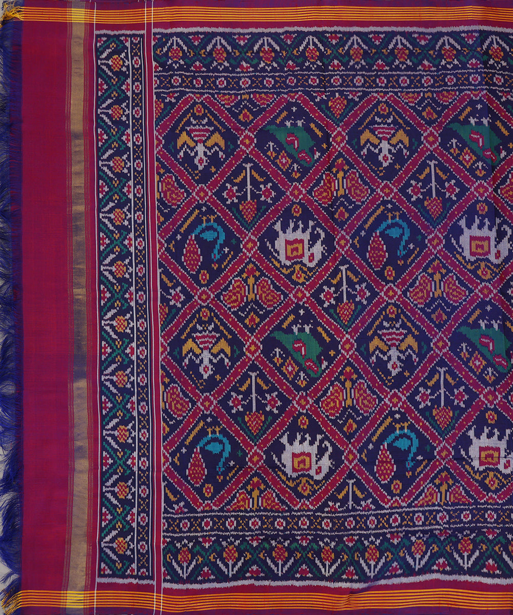 Handloom_Blue_Mulberry_Silk_Patola_Dupatta_With_Hathi_Popat_And_Traditional_Ikat_WeaverStory_02