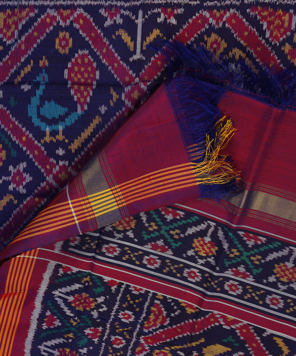 Handloom_Blue_Mulberry_Silk_Patola_Dupatta_With_Hathi_Popat_And_Traditional_Ikat_WeaverStory_04