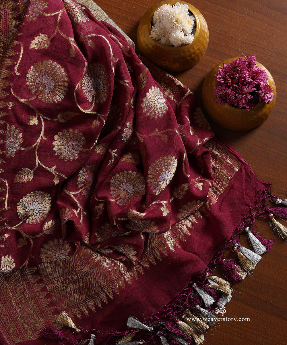 Handloom_Wine_Pure_Jeorgette_Cutwork_Banarasi_Duptta_With_Floral_Jall_WeaverStory_01