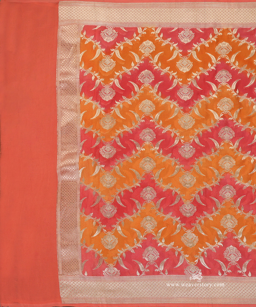 Yellow_And_Carrot_Pink_Handloom_Pure_Georgette_Banarasi_Rangkat_Dupatta_With_Gold_Zari_Floral_Jaal_WeaverStory_02
