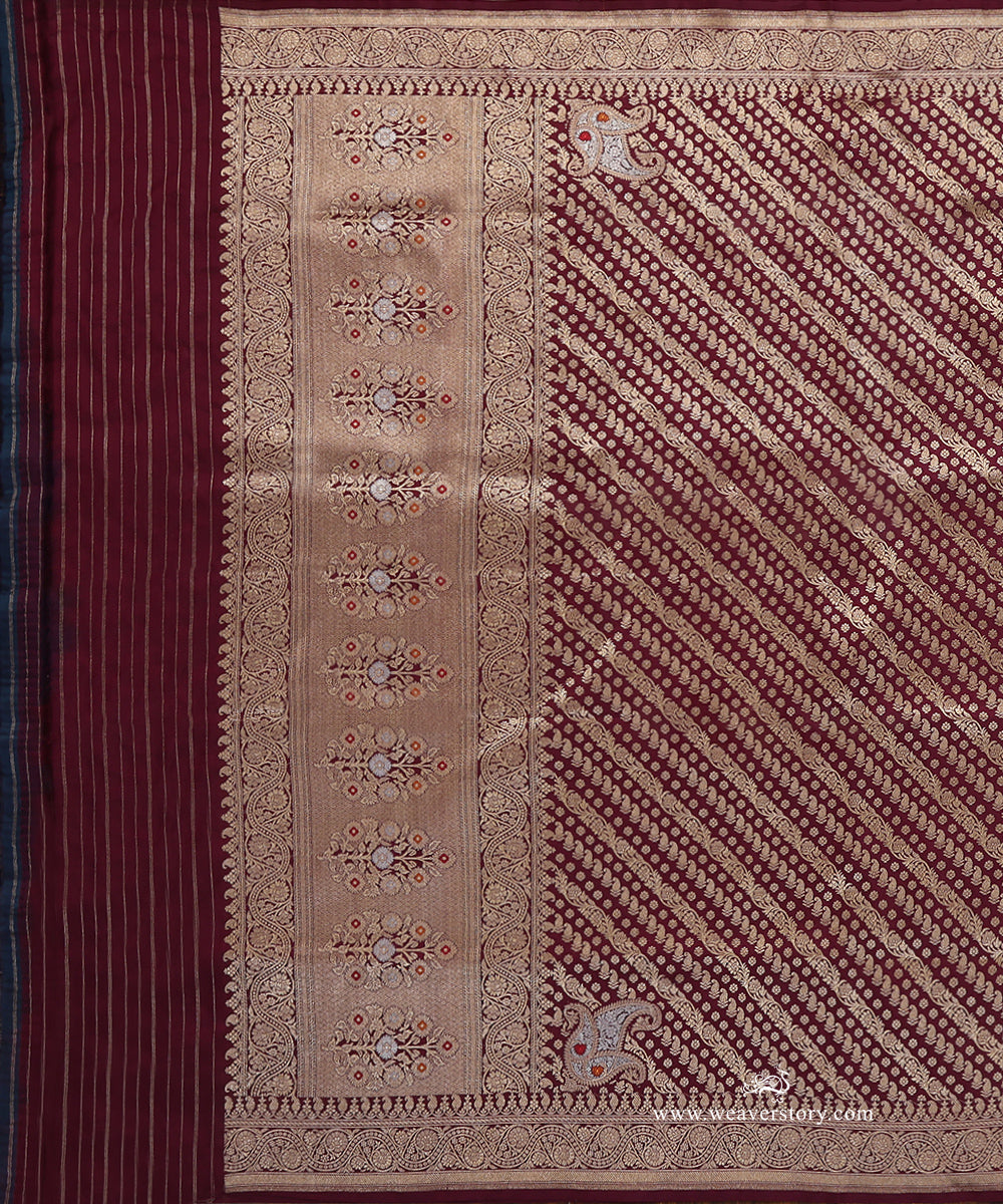 Wine_Handloom_Pure_Katan_Silk_Banarasi_Dupatta_With_Small_Flower_WeaverStory_02