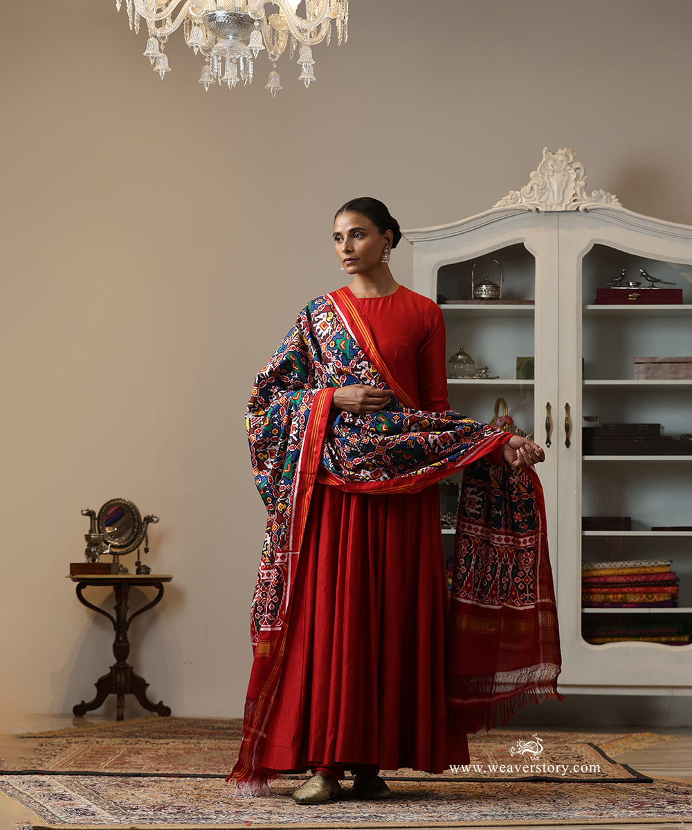 Blue_Handloom_Double_Ikat_Patola_Duptta_With_Hathi_Popat_Motifs_WeaverStory_02