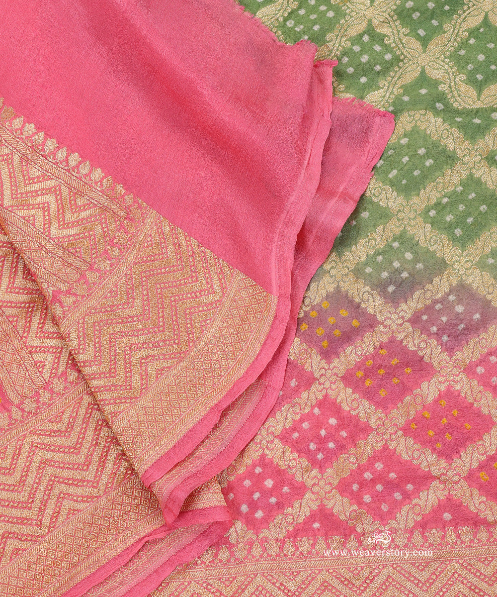 Olive_Green_And_Soft_Pink_Ombre_Dyed_Handloom_Pure_Georgette_Banarasi_Bandhej_Dupatta_WeaverStory_04