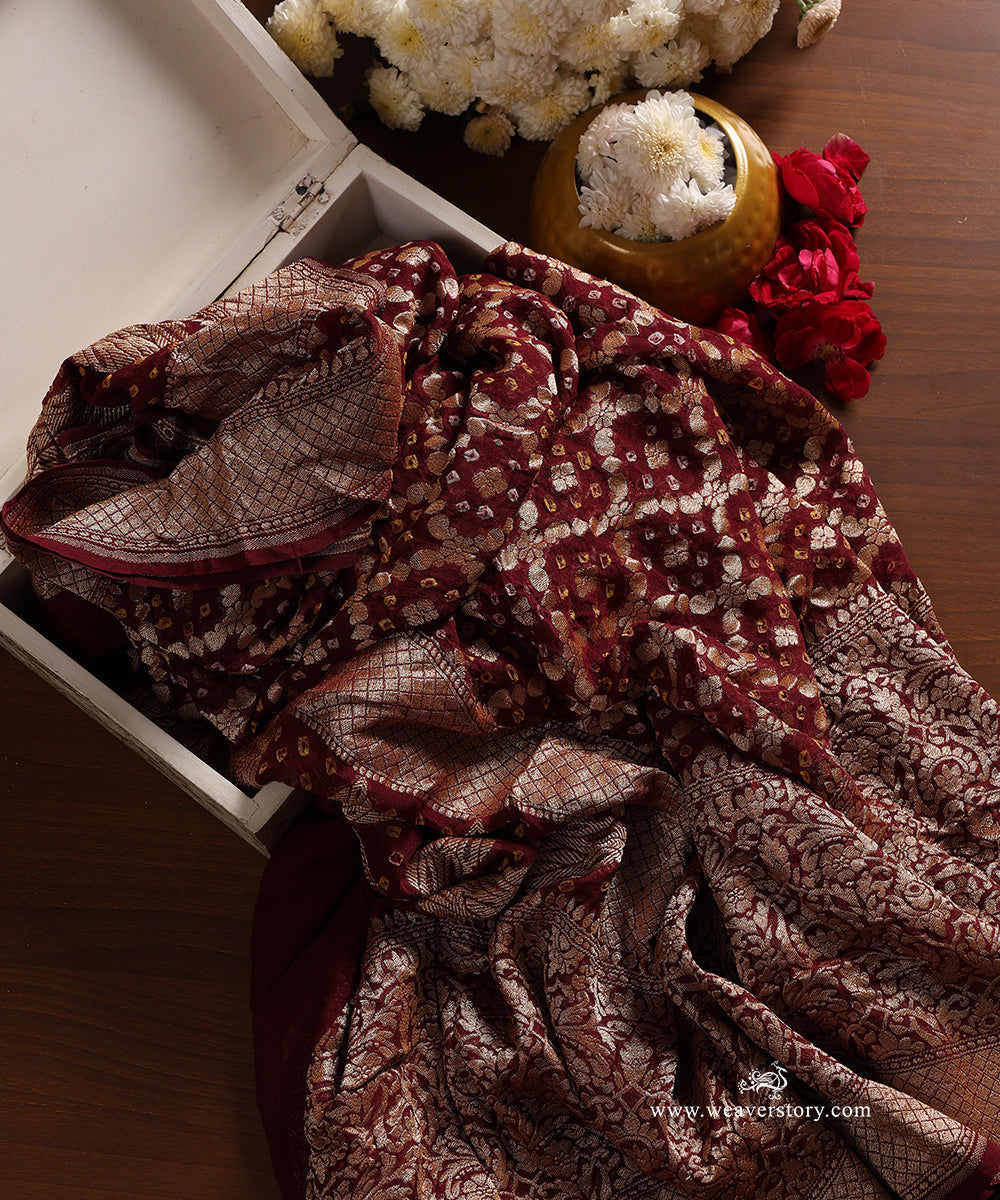 Wine_Handloom_Pure_Georgette_Banarasi_Bandhej_Dupatta_WeaverStory_01