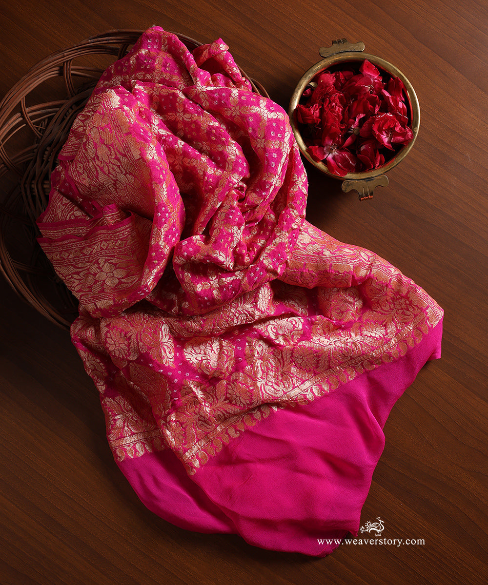 Pink_Handloom_Pure_Georgette_Banarasi_Bandhej_Dupatta_WeaverStory_01