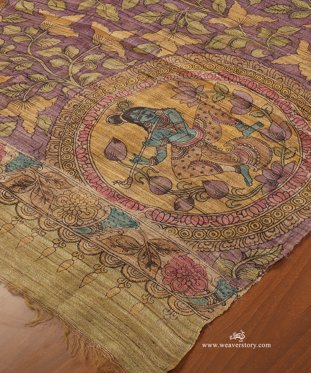 Purple_Handloom_Pure_Tusser_Silk_Hand_Painted_Kalamkari_Dupatta_With_Floral_And_Kishna_Ji_Motifs_WeaverStory_03