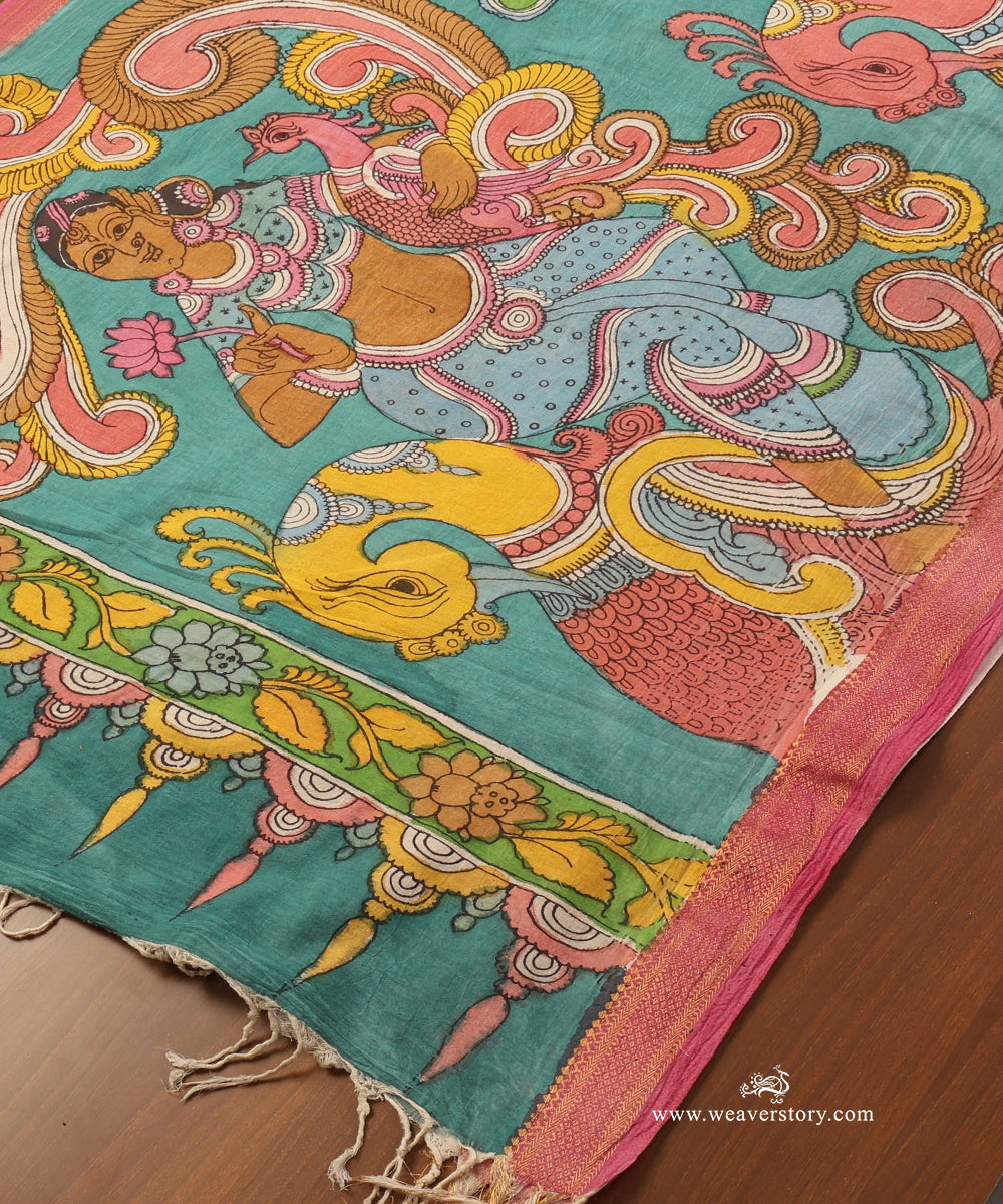 Ice_Blue_Handloom_Pure_Cotton_Hand_Painted_Peacock_Kalamkari_Dupatta_With_Pink_Zari_Border_WeaverStory_03
