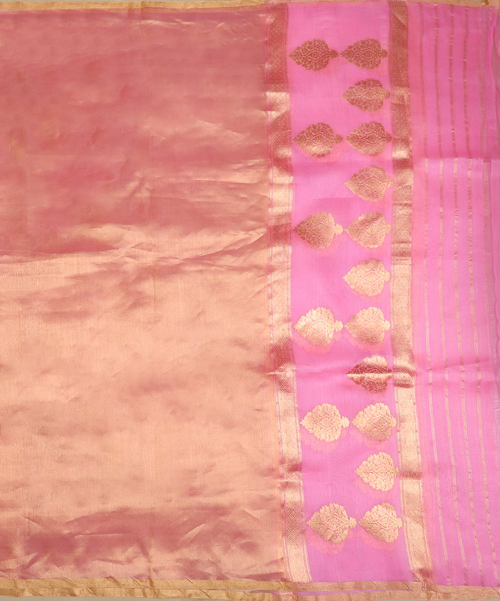 Full view of pink and gold handloom Kora tissue dupatta featuring a luminous gold body and contrasting pink Kadhwa palla.