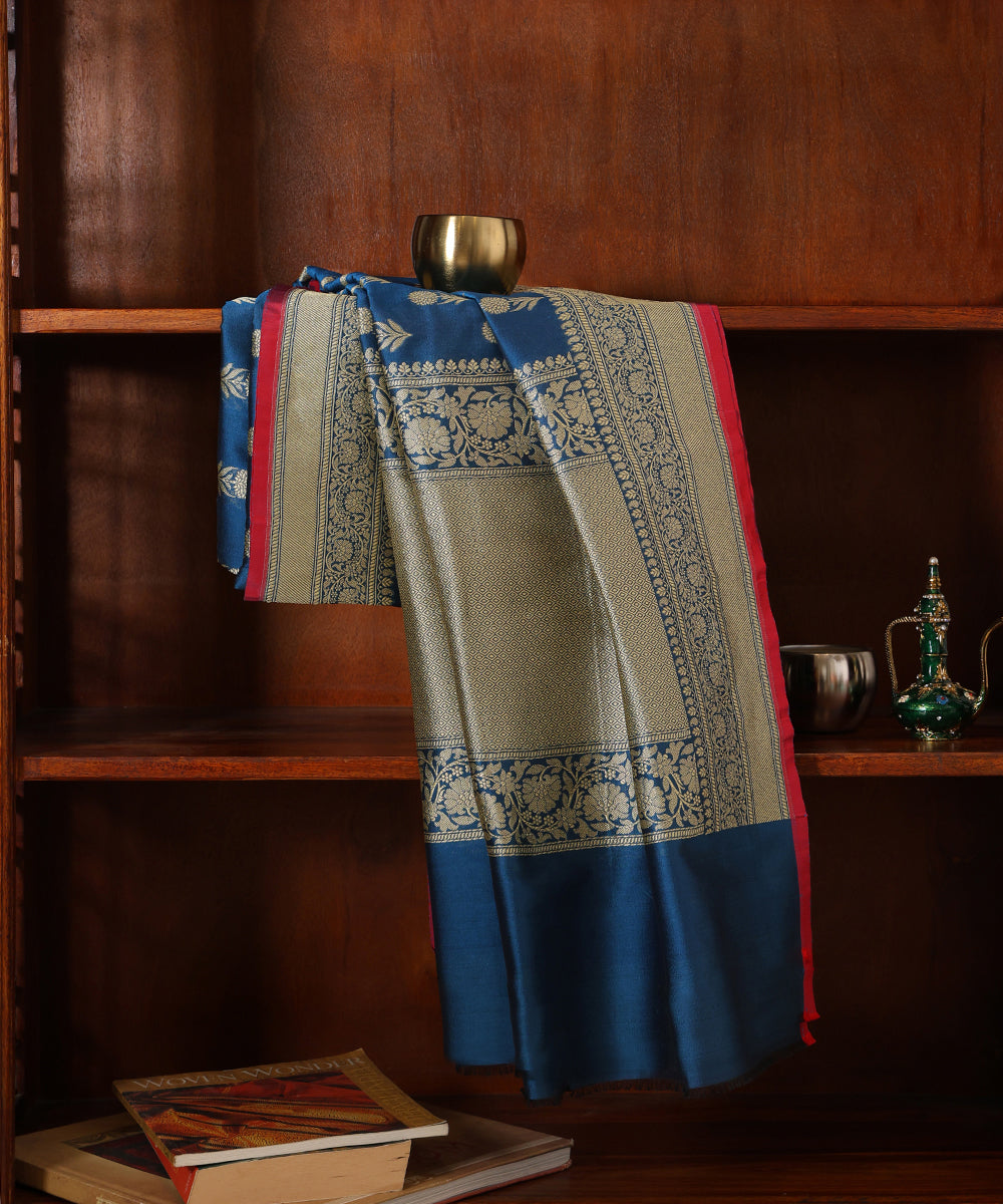 Blue handloom Banarasi Katan georgette dupatta woven in cutwork with a red selvedge