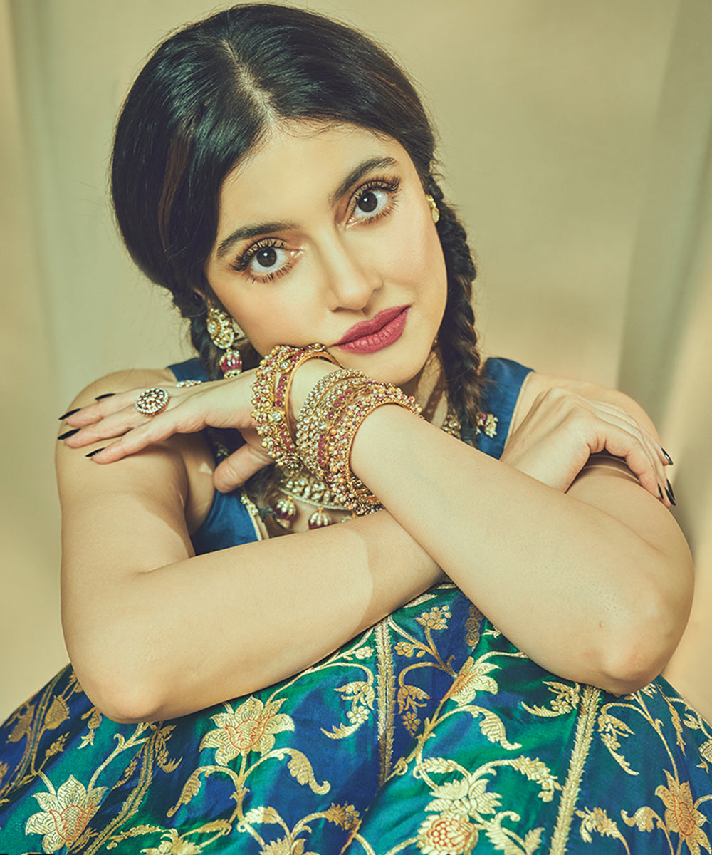Divya Khosla In Peacock Blue Handloom Katan Silk Banarasi Lehenga Stitched