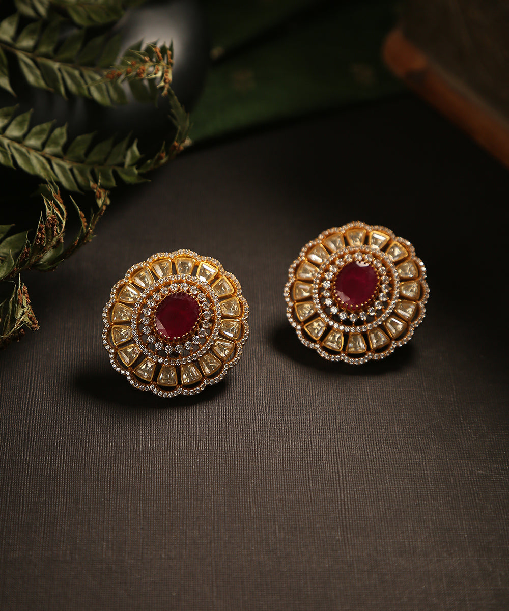 Balqis_Handcrafted_Floral_Studs_With_Moissanite_Polk_And_Maroon_Stone_WeaverStory_01