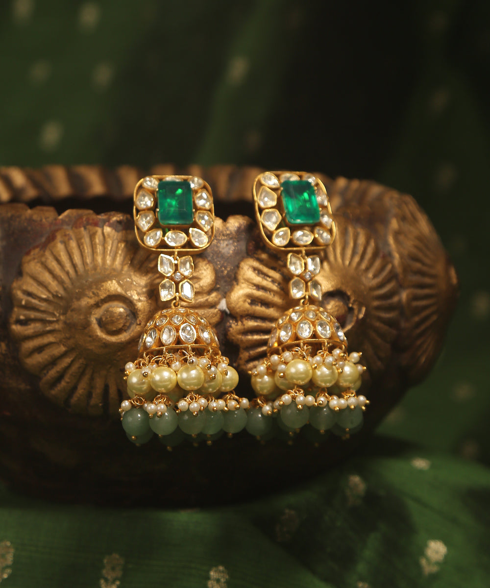 Vega_Handcrafted_Green_Jhumka_With_Moissanite_Polki_And_Pearl_Tassels_WeaverStory_01