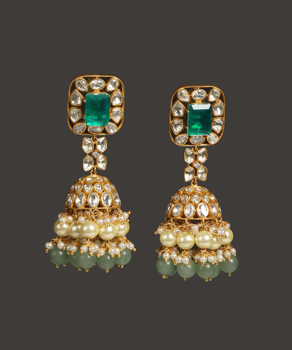 Vega_Handcrafted_Green_Jhumka_With_Moissanite_Polki_And_Pearl_Tassels_WeaverStory_02