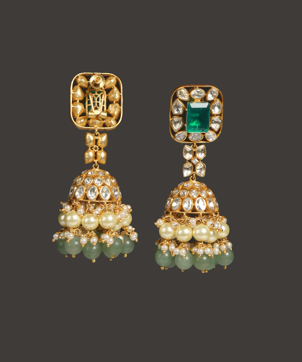 Vega_Handcrafted_Green_Jhumka_With_Moissanite_Polki_And_Pearl_Tassels_WeaverStory_03