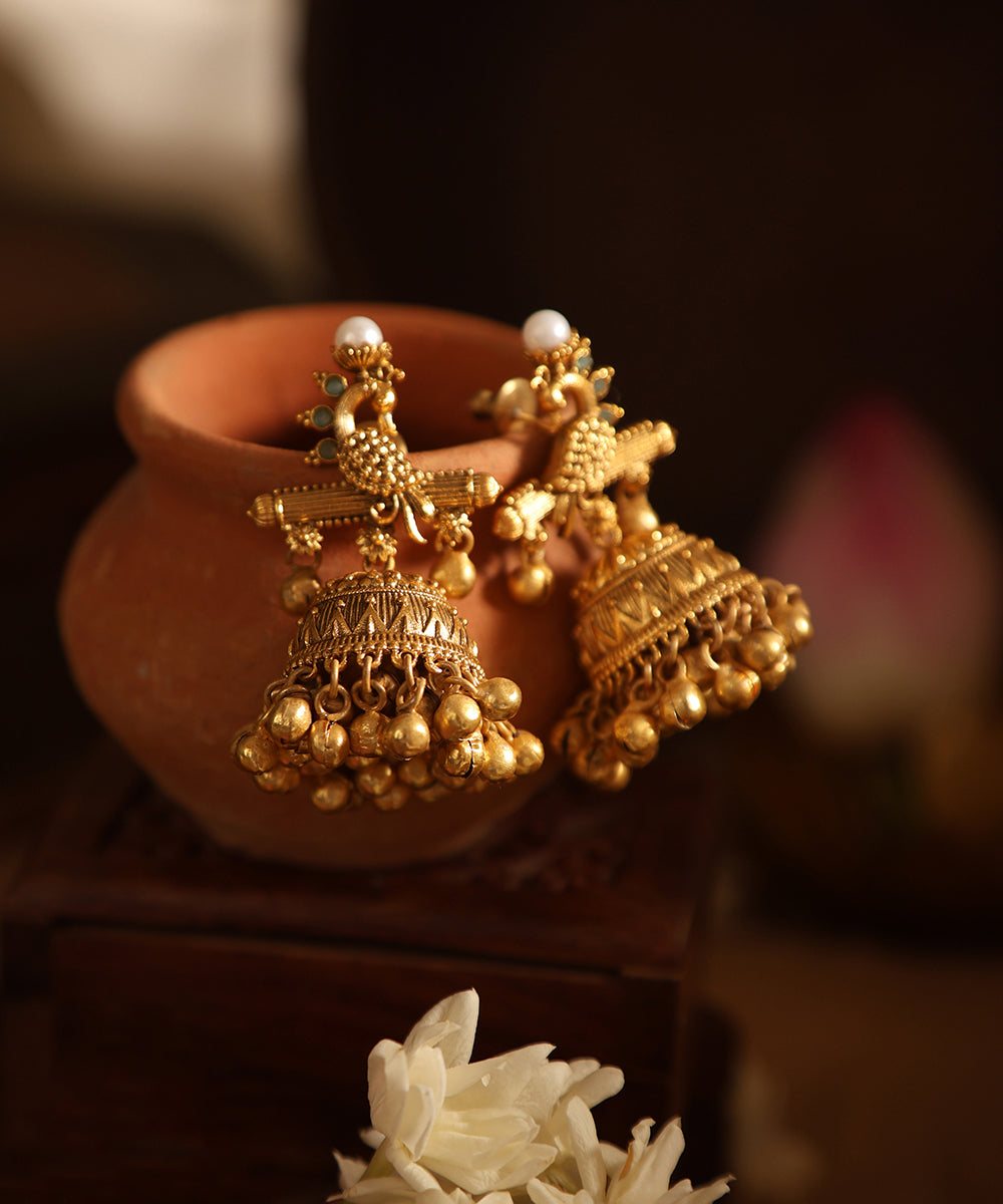 Simon_Handcrafted_Jhumkas_With_Peacock_Motif_WeaverStory_01