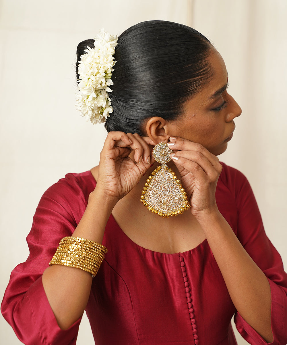 Gold_Triangular_Dangle_Earrings_With_Circular_Embroidered_Stud_WeaverStory_03