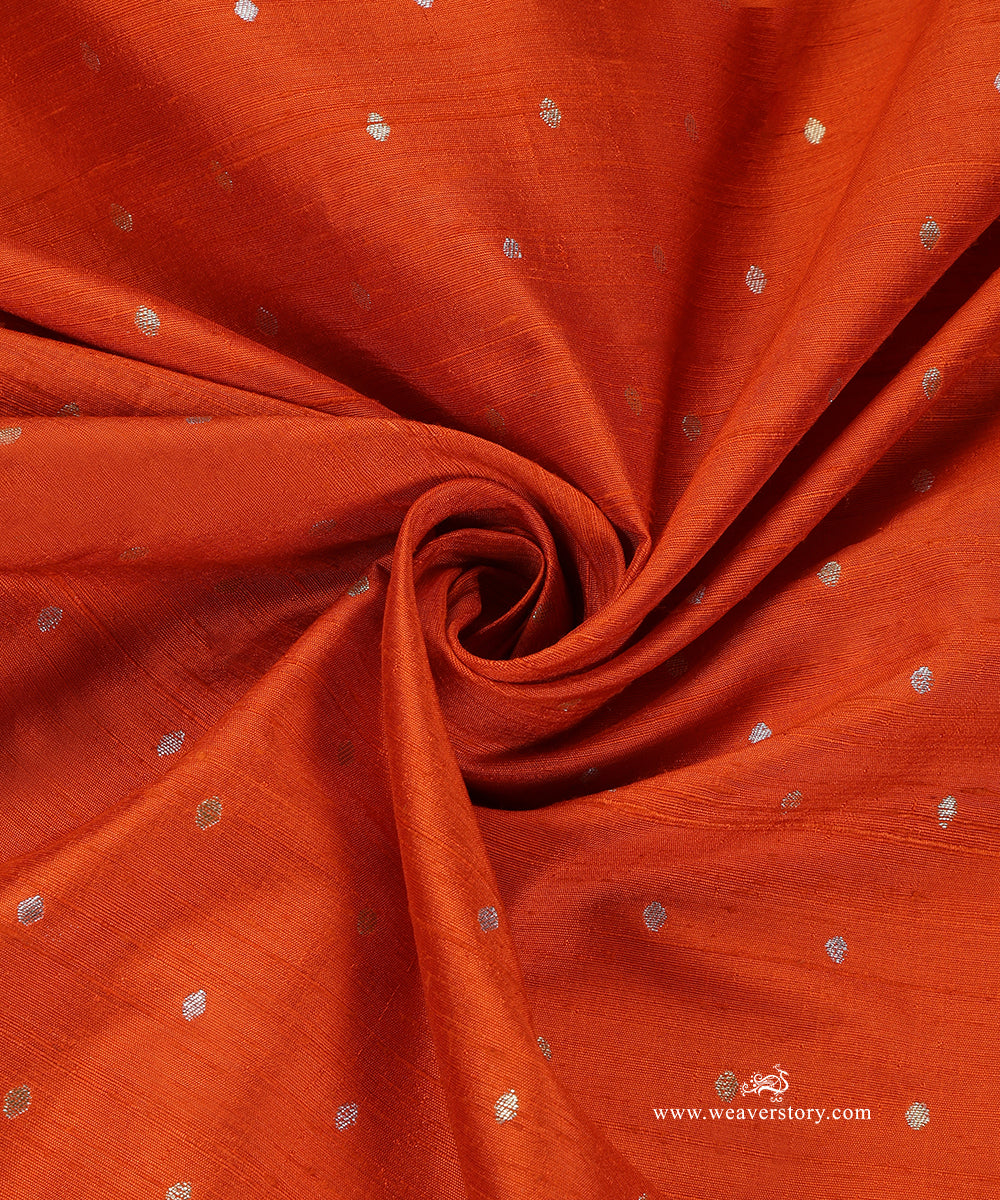 Orange_Handloom_Pure_Raw_Silk_Banarasi_Fabric_With_Small_Zari_Booti_WeaverStory_05