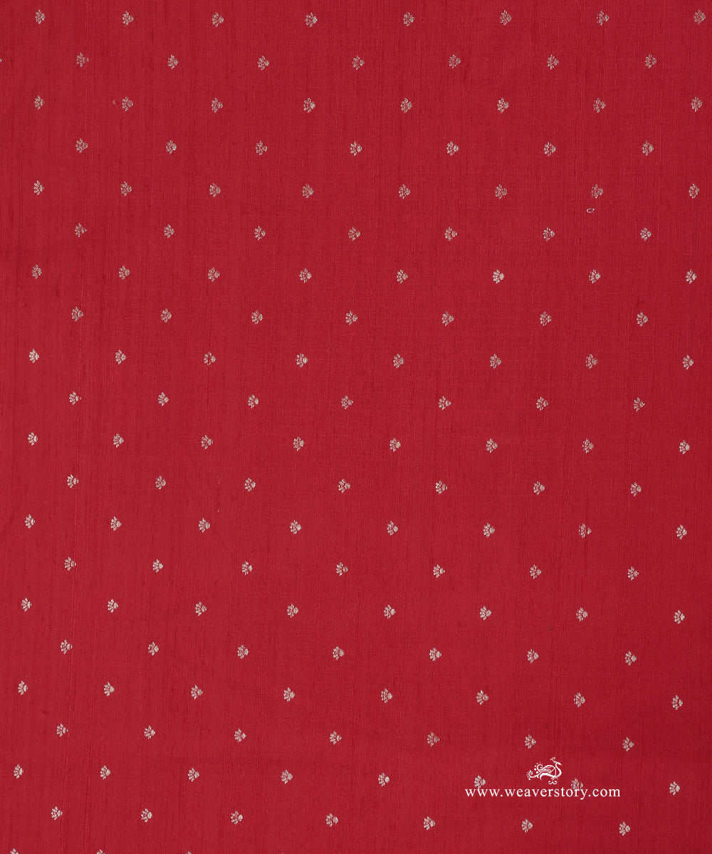 Red_Handloom_Pure_Tussar_Silk_Banarasi_Fabric_With_Cutwork_Booti_WeaverStory_02