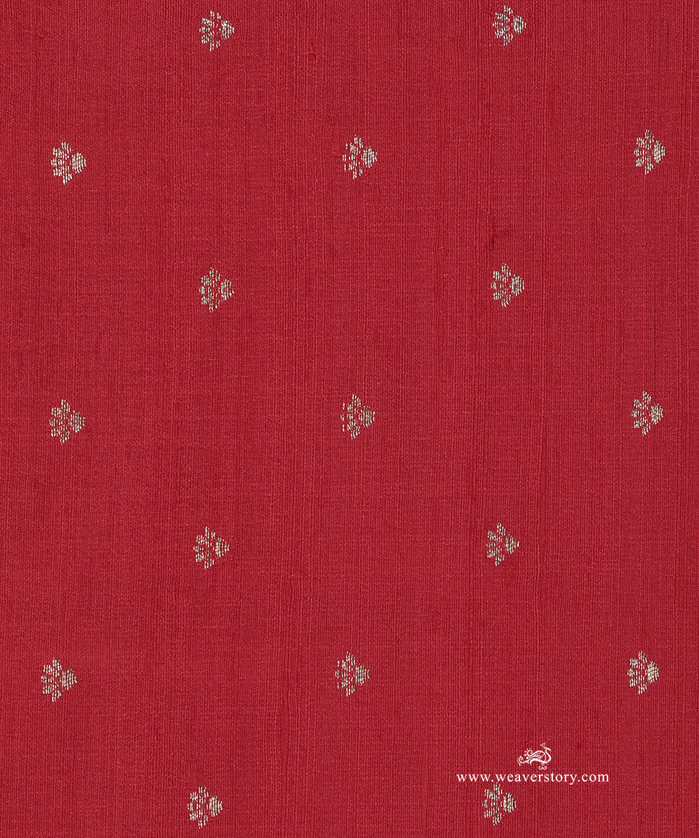 Red_Handloom_Pure_Tussar_Silk_Banarasi_Fabric_With_Cutwork_Booti_WeaverStory_03