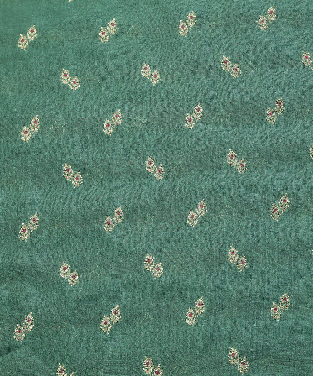 Handloom Green Pure Moonga Silk Banarasi Fabric With Cutwork With Meena Booti