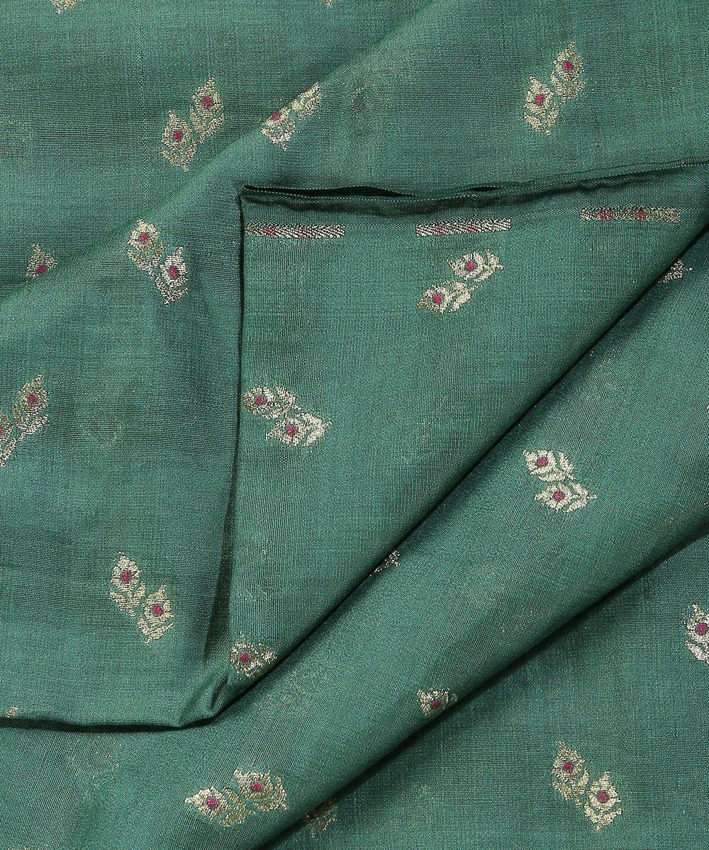 Handloom Green Pure Moonga Silk Banarasi Fabric With Cutwork With Meena Booti