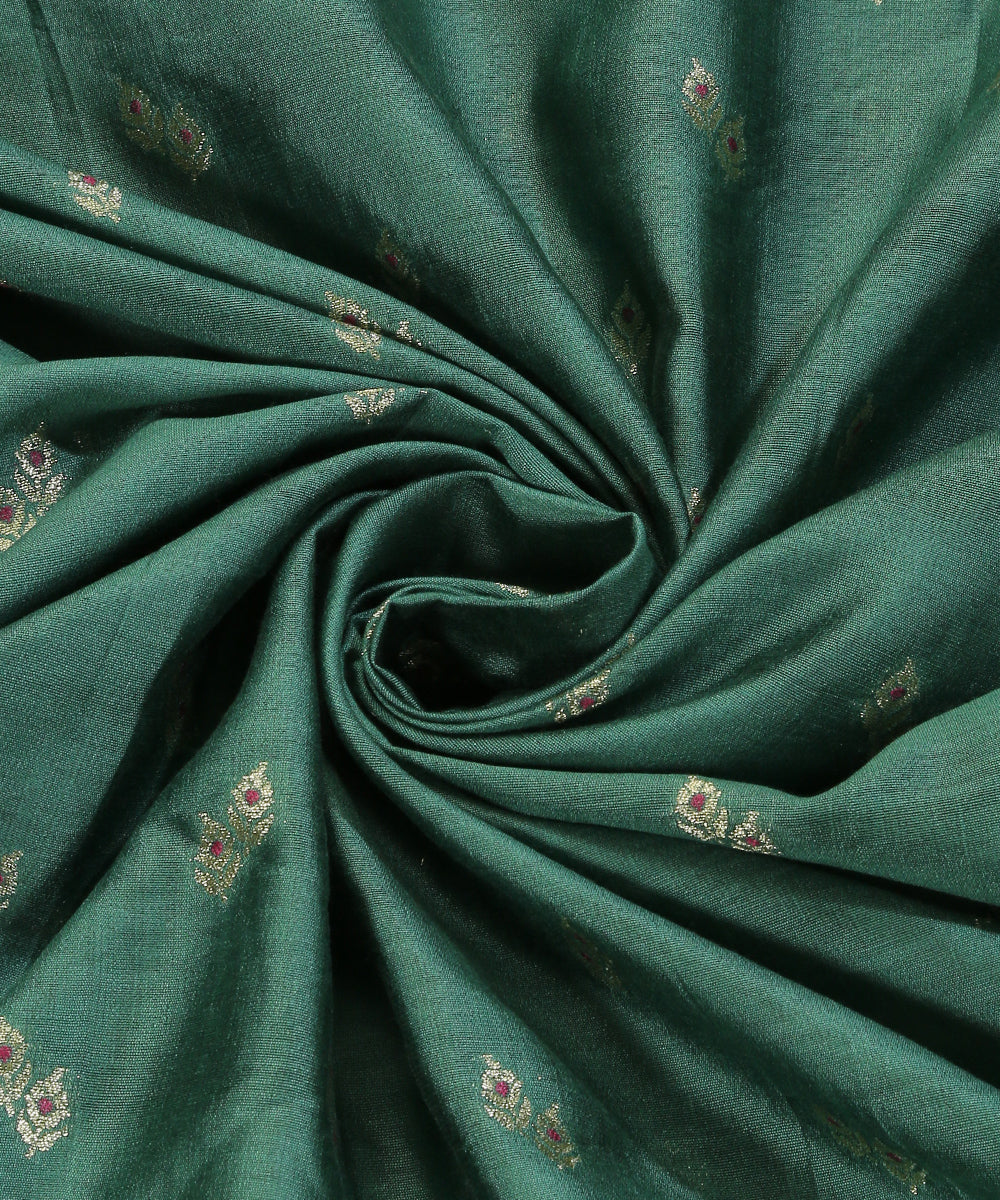 Handloom Green Pure Moonga Silk Banarasi Fabric With Cutwork With Meena Booti