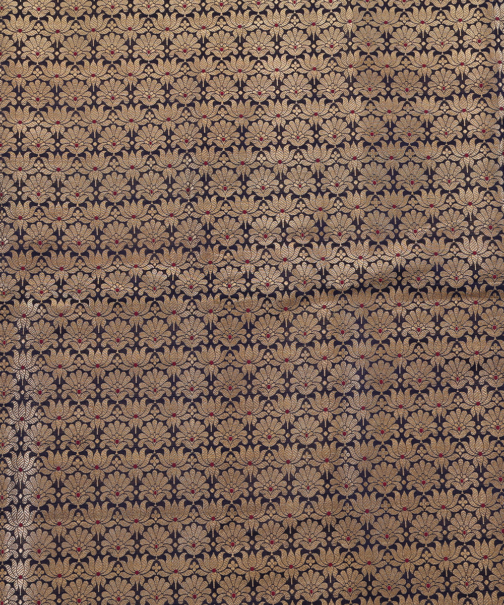 Ink_Blue_Handloom_Pure_Katan_Silk_Kimkhab_Banarasi_Fabric_With_Lotus_Flowers_And_Meenakari_WeaverStory_02