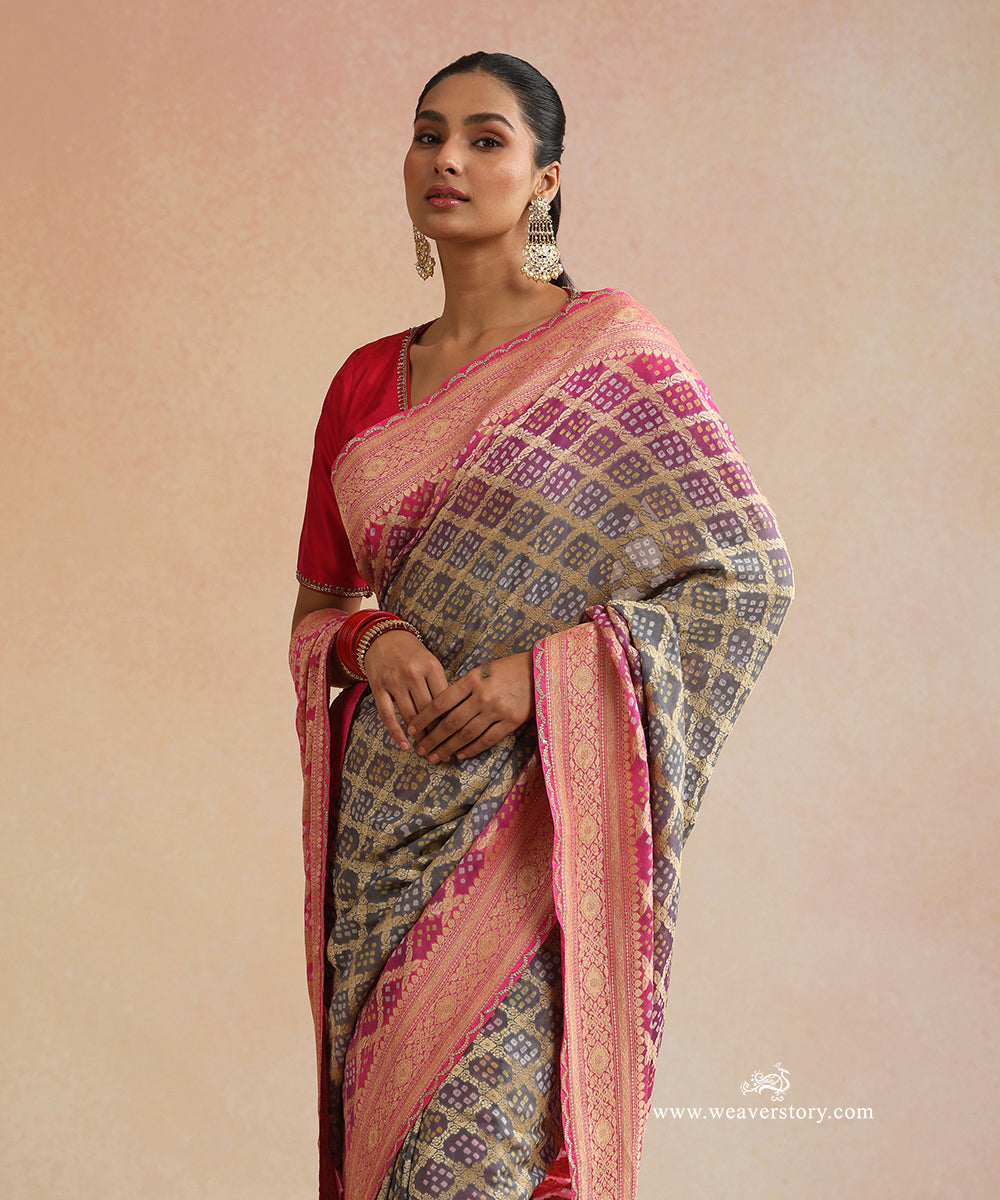 Pink_And_Grey_Handloom_Pure_Georgette_Bandhani_Saree_With_Zari_Checks_And_Extender_Border_WeaverStory_02