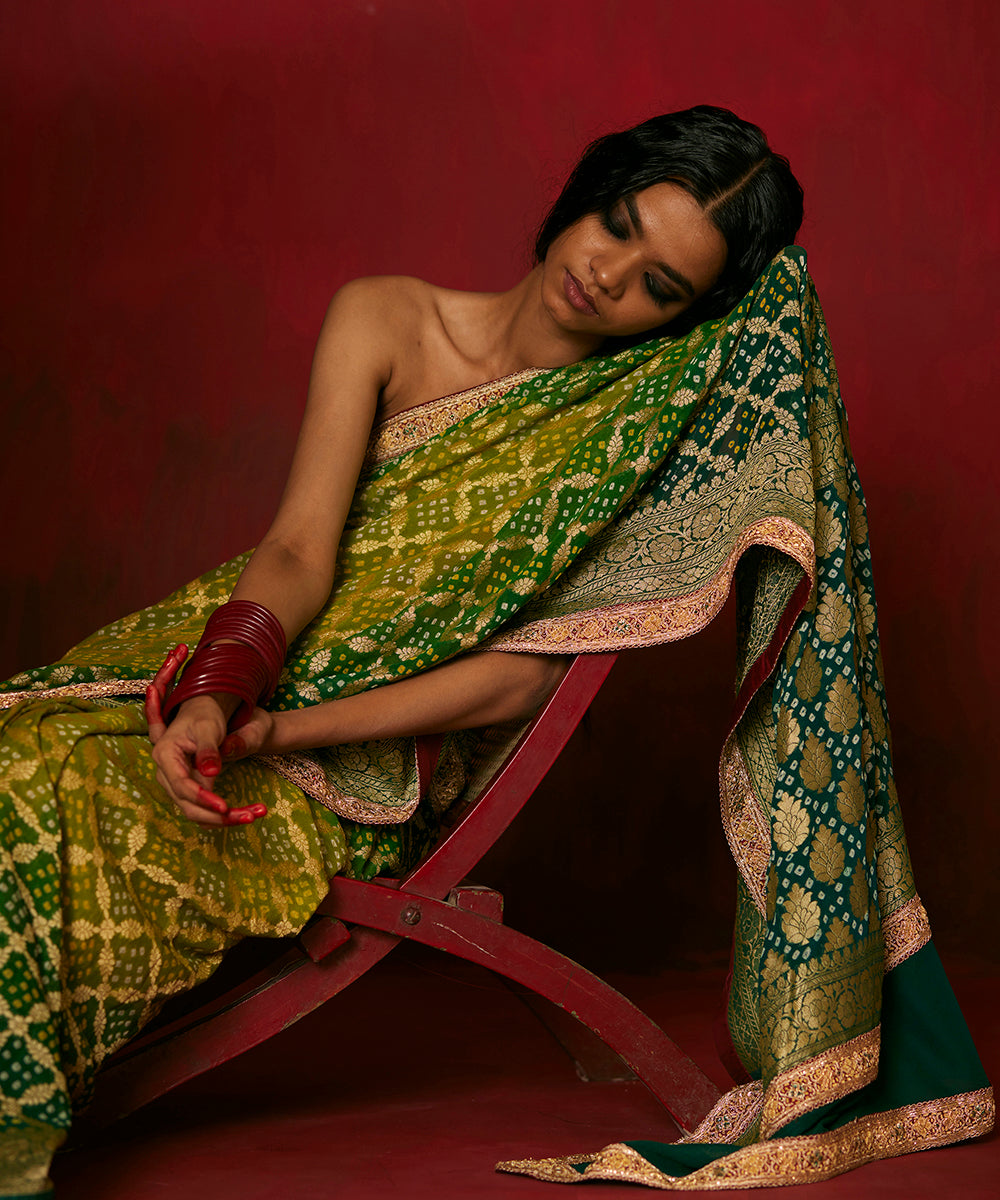 Bottle Green Handloom Pure Georgette Banarasi Bandhej Saree With Hand Embroidery