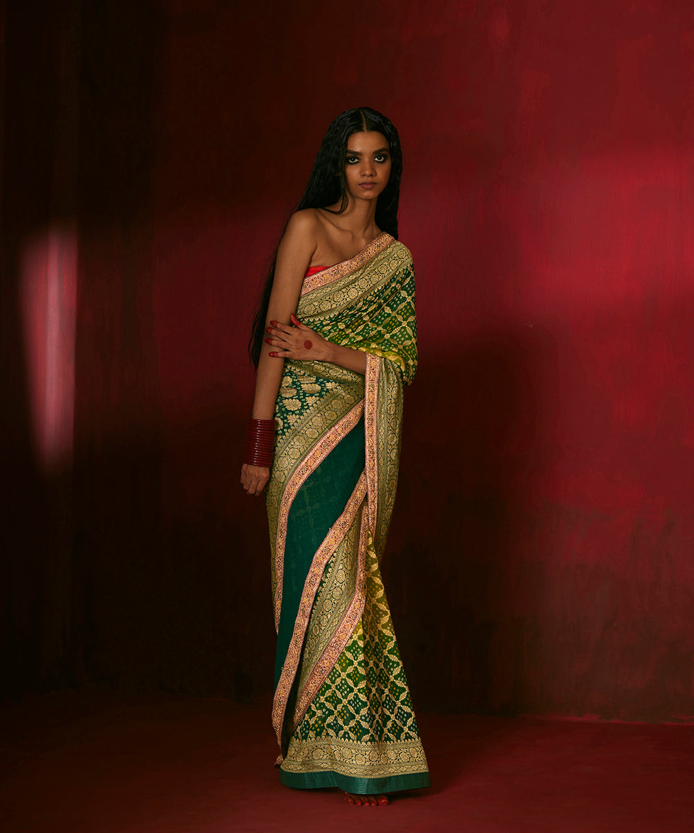 Bottle Green Handloom Pure Georgette Banarasi Bandhej Saree With Hand Embroidery