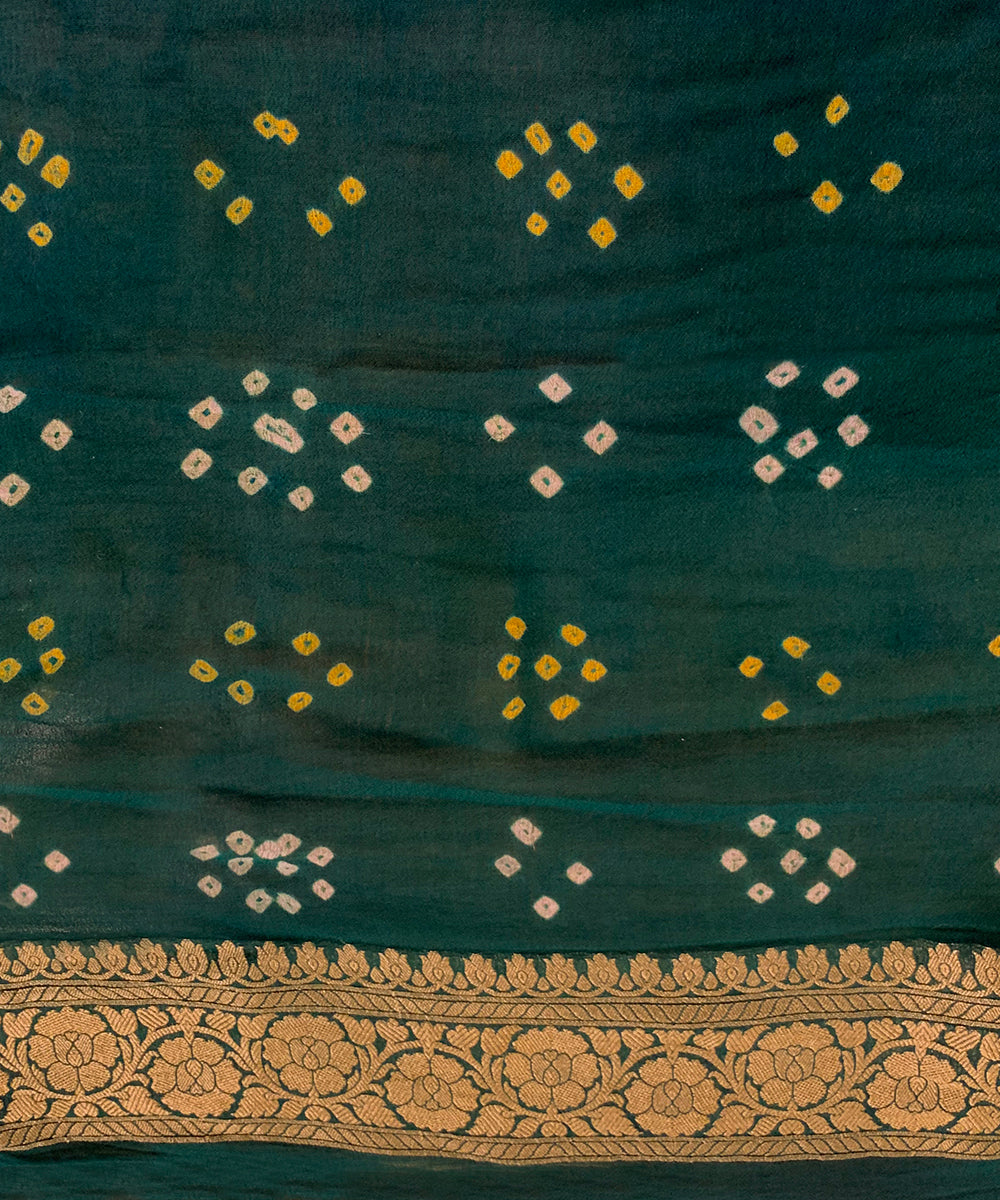 Bottle Green Handloom Pure Georgette Banarasi Bandhej Saree With Hand Embroidery