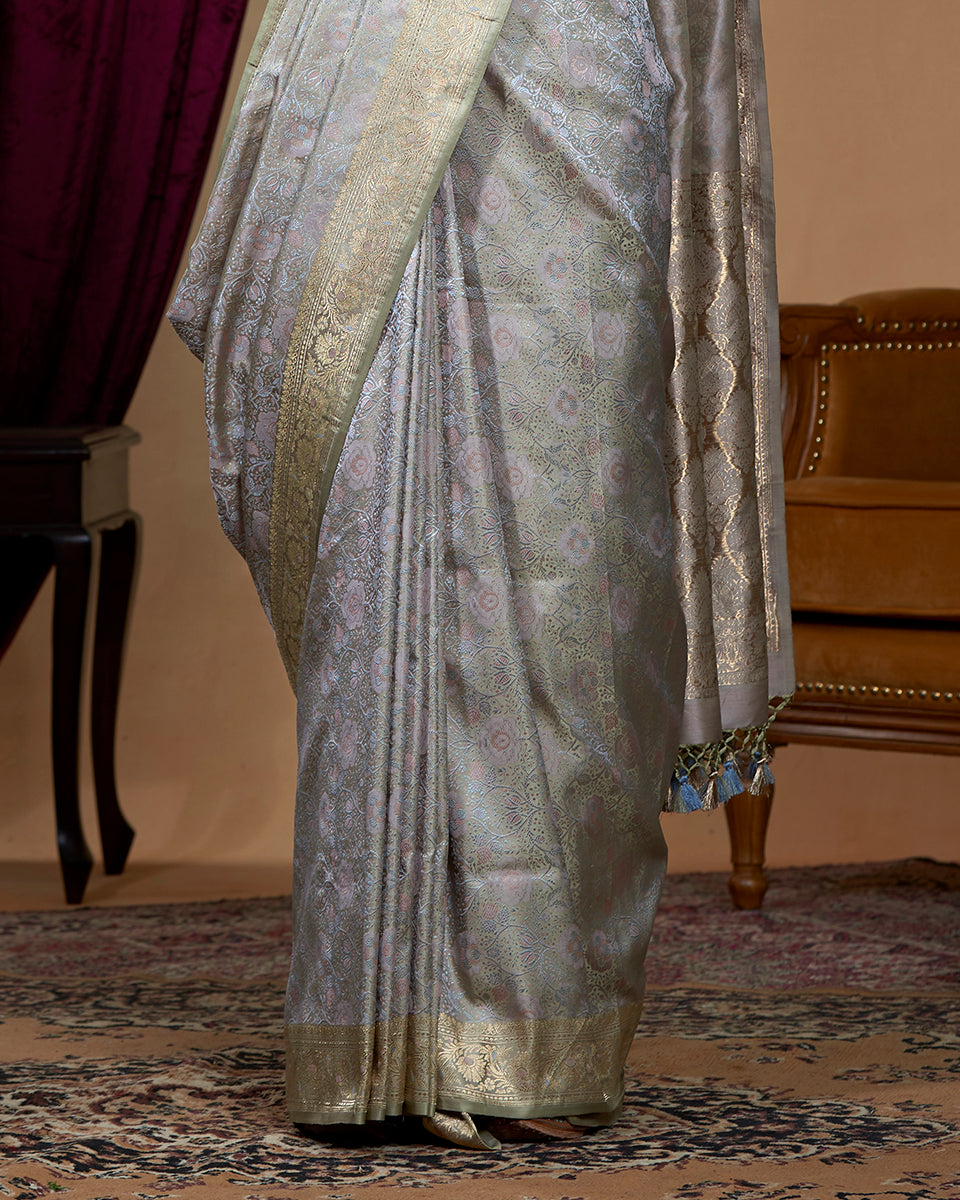 Handloom Beige Green Reshmi Jamawar Tanchoi Banarasi Saree In Pure Katan Silk