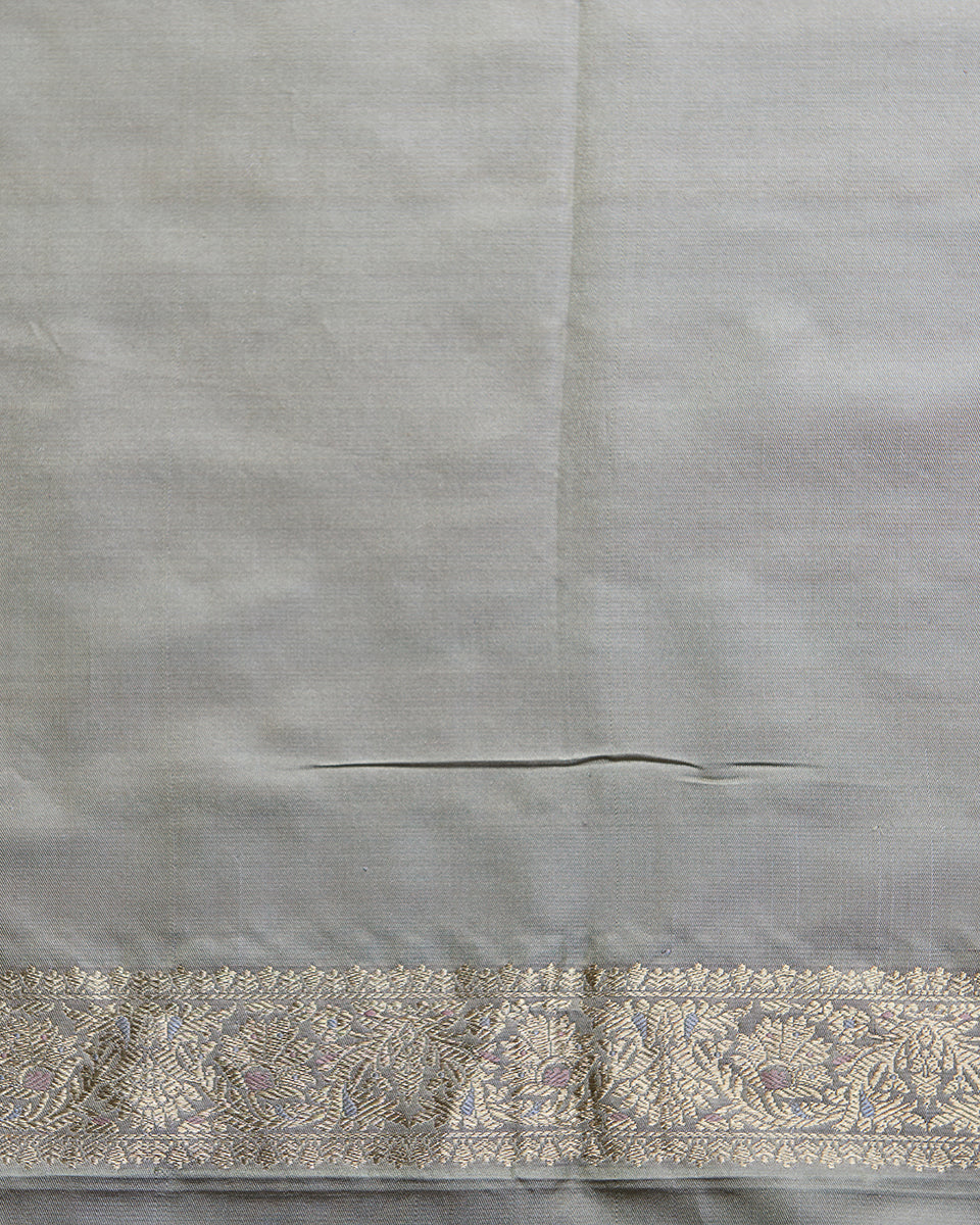 Handloom Beige Green Reshmi Jamawar Tanchoi Banarasi Saree In Pure Katan Silk