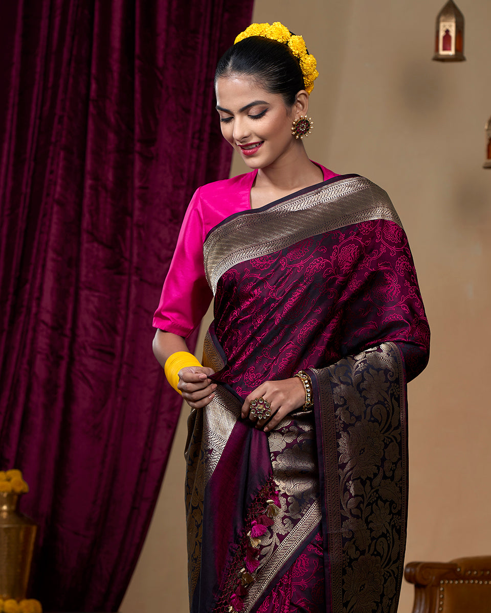 Handloom Black And Pink Pure Katan Silk Tanchoi Banarasi Saree With Tanzeb Border
