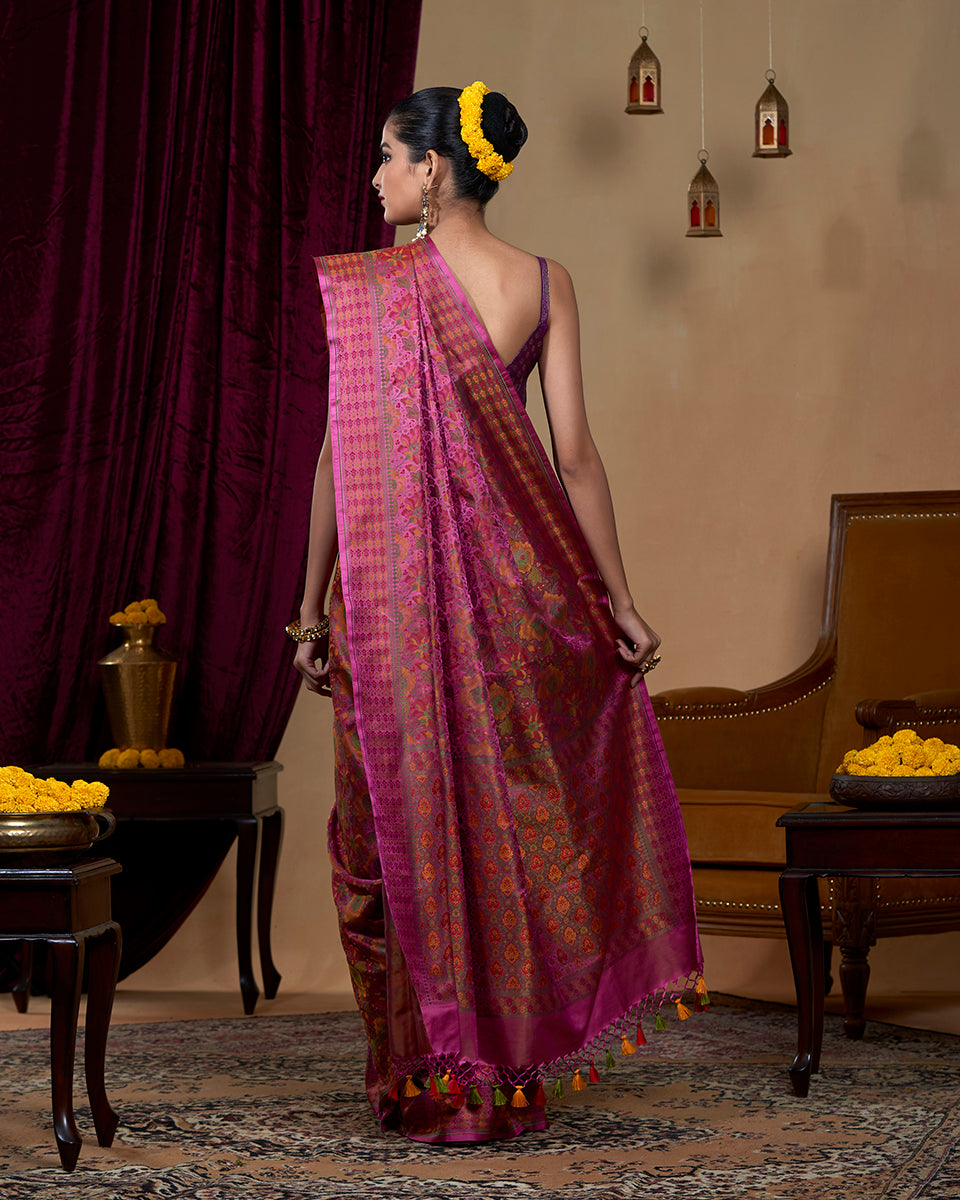 Handloom Pink Rose Flower Motifs Reshmi Tanchoi Pure Katan Silk Banarasi Saree