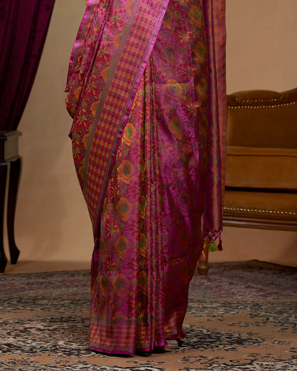 Handloom Pink Rose Flower Motifs Reshmi Tanchoi Pure Katan Silk Banarasi Saree