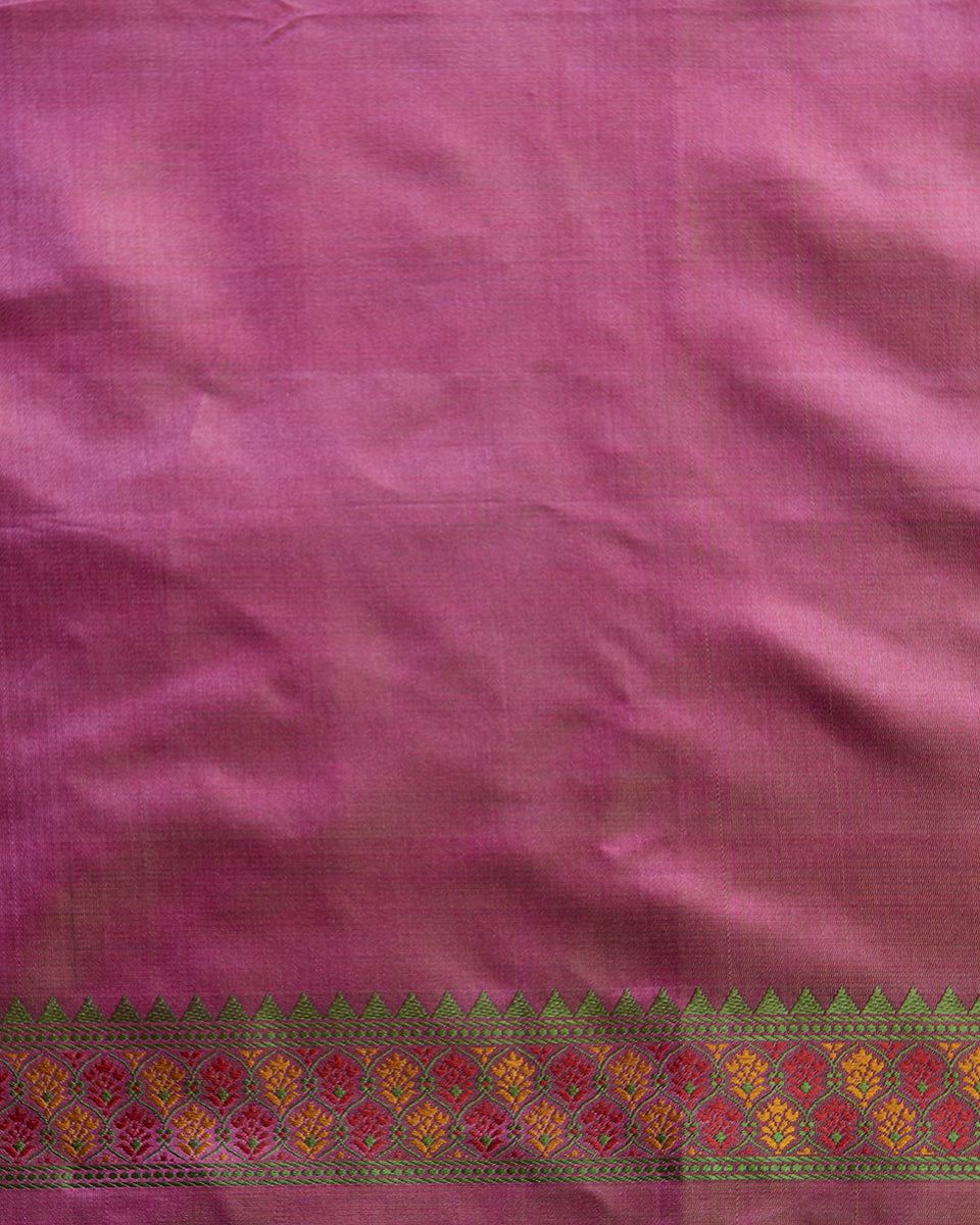 Handloom Pink Rose Flower Motifs Reshmi Tanchoi Pure Katan Silk Banarasi Saree