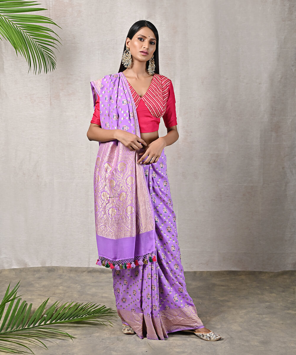 Handloom Purple Banarasi Georgette Woven Saree With Meenakari Work