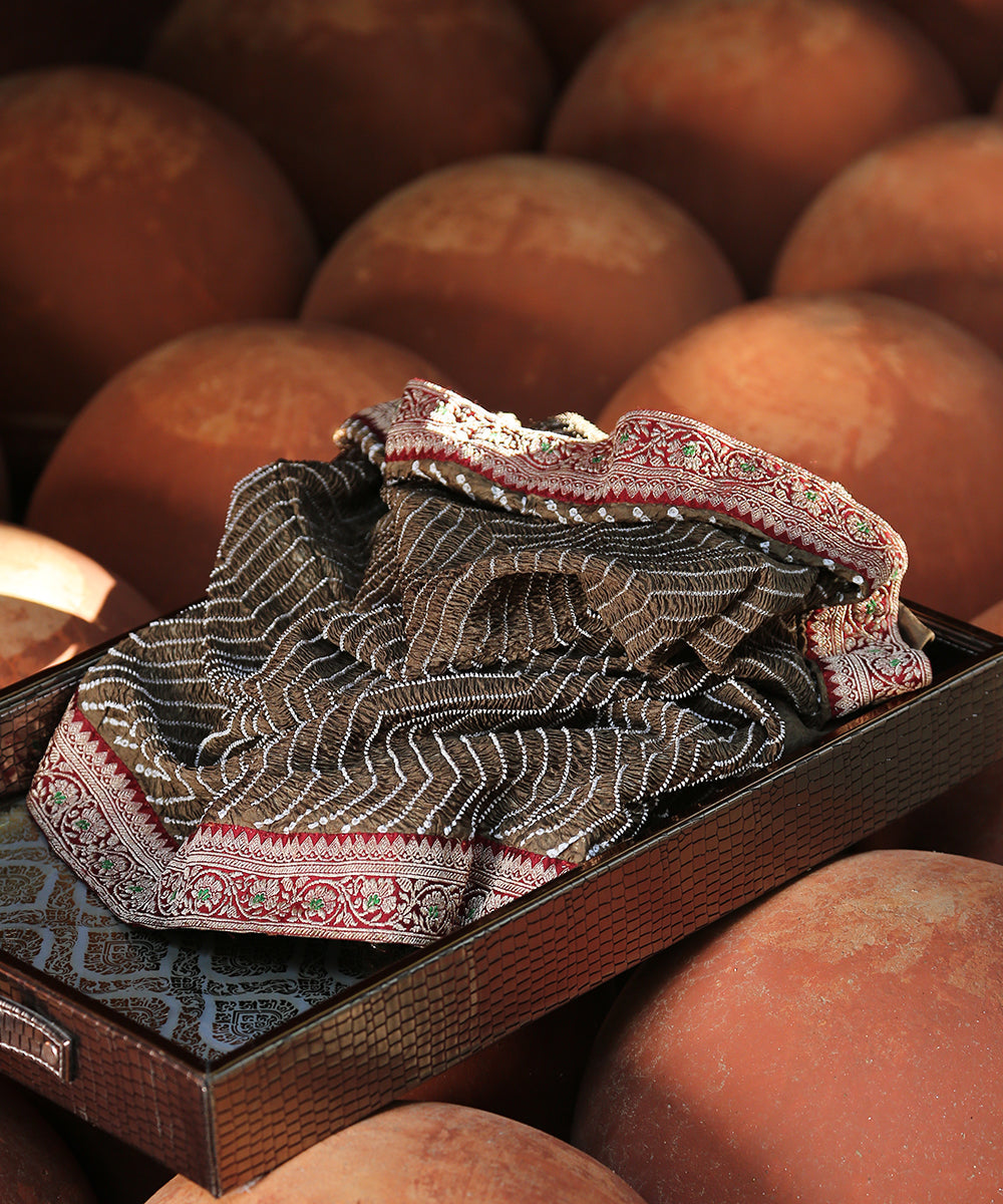 Olive Handloom Pure Georgette Banarasi Bandhani Dupatta With Border