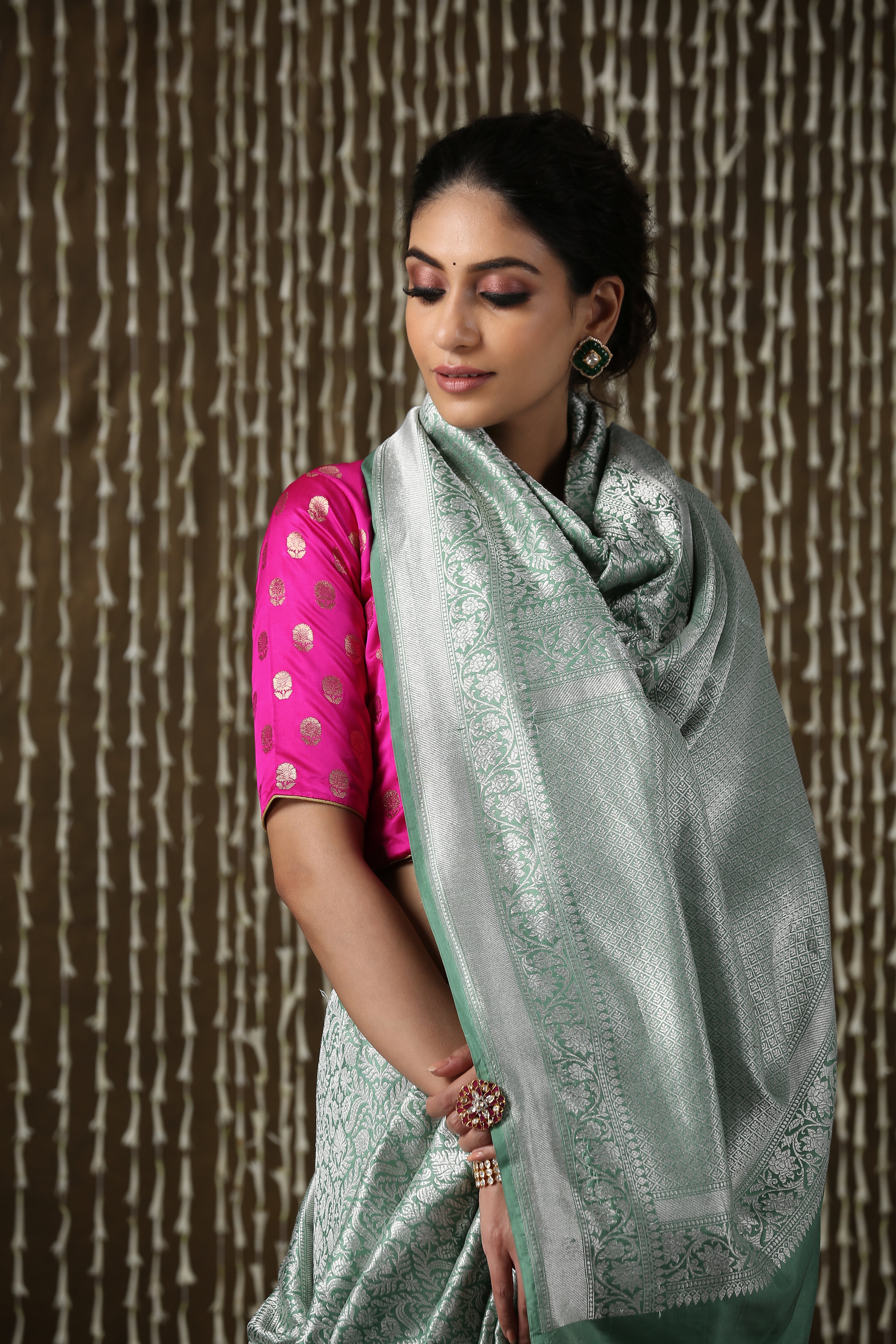 Sage Green Handloom Kimkhab Brocade Banarasi Saree With Silver Zari