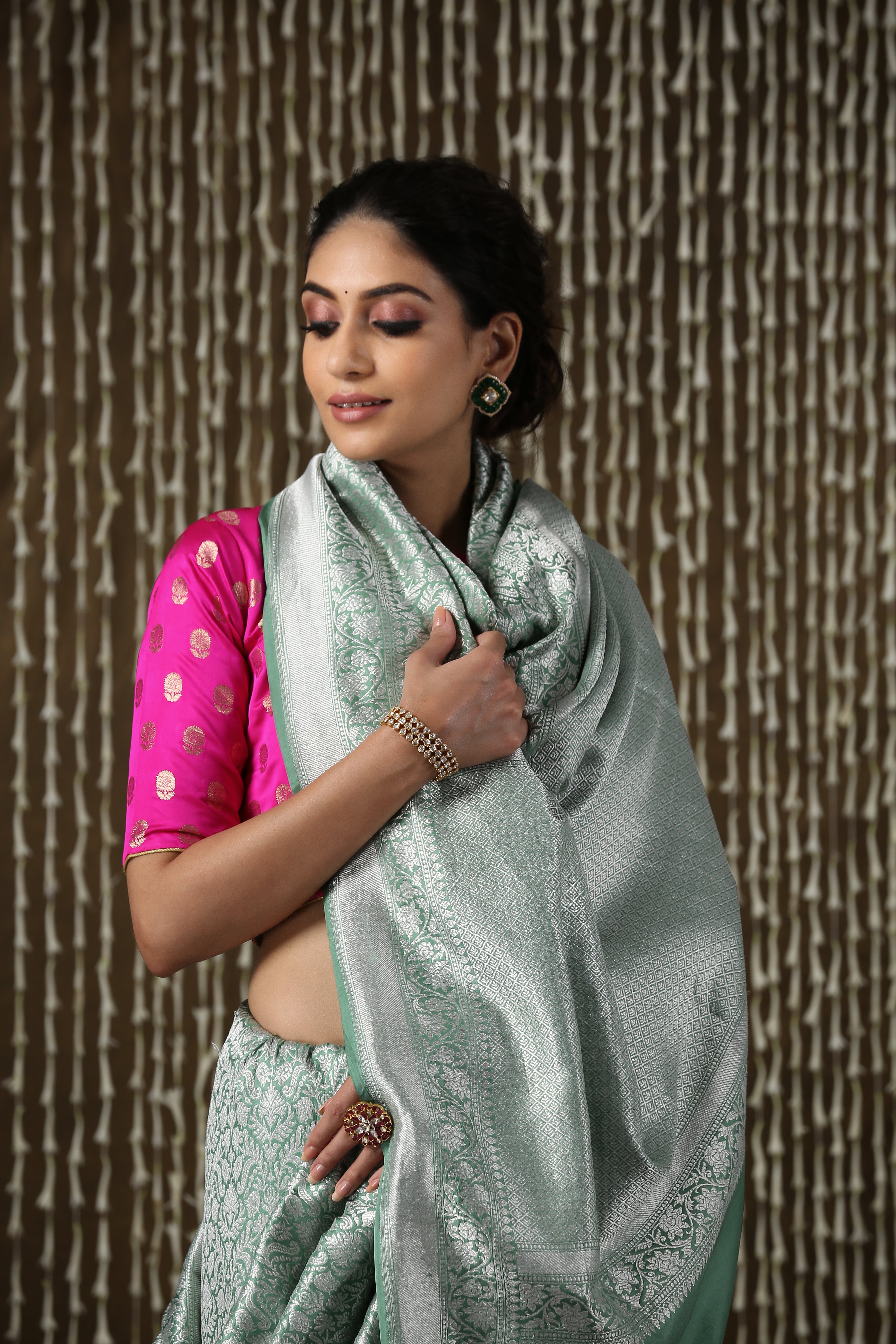 Sage Green Handloom Kimkhab Brocade Banarasi Saree With Silver Zari