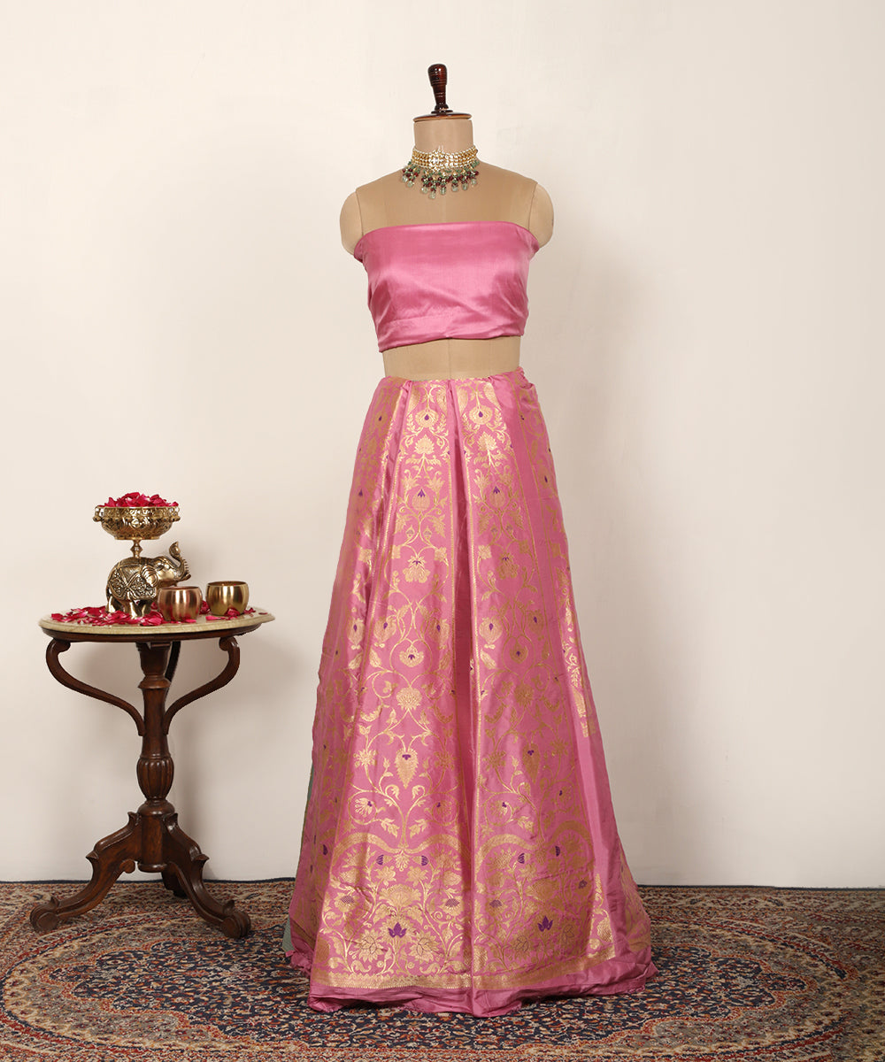 Handloom Light Pink Pure Katan Silk Banarasi Lehenga With Meenakari