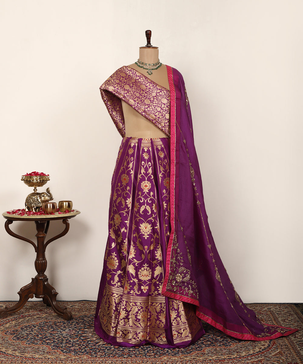Purple Handloom Pure Katan Silk Banarasi Lehenga With Red Meenakari