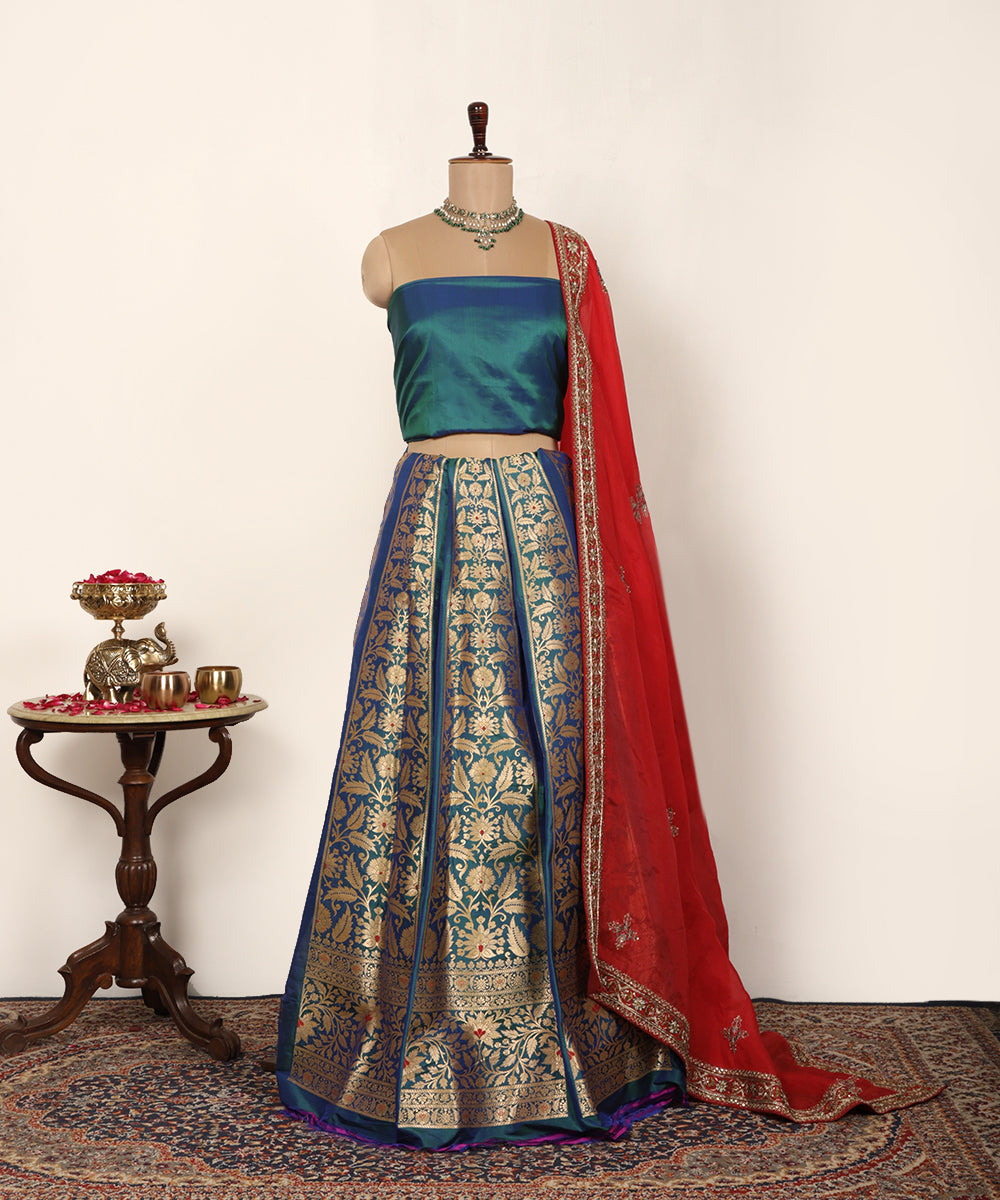 Peacock Blue Handloom Pure Katan Silk Banarasi Lehenga With Kadhwa Meenakari